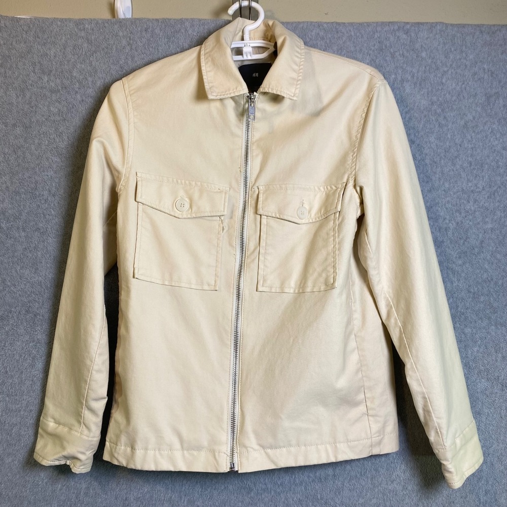 H&M Utility Jacket Womens XS Beige Full Zip Cotton Blend Minimalist Workwear EUC
